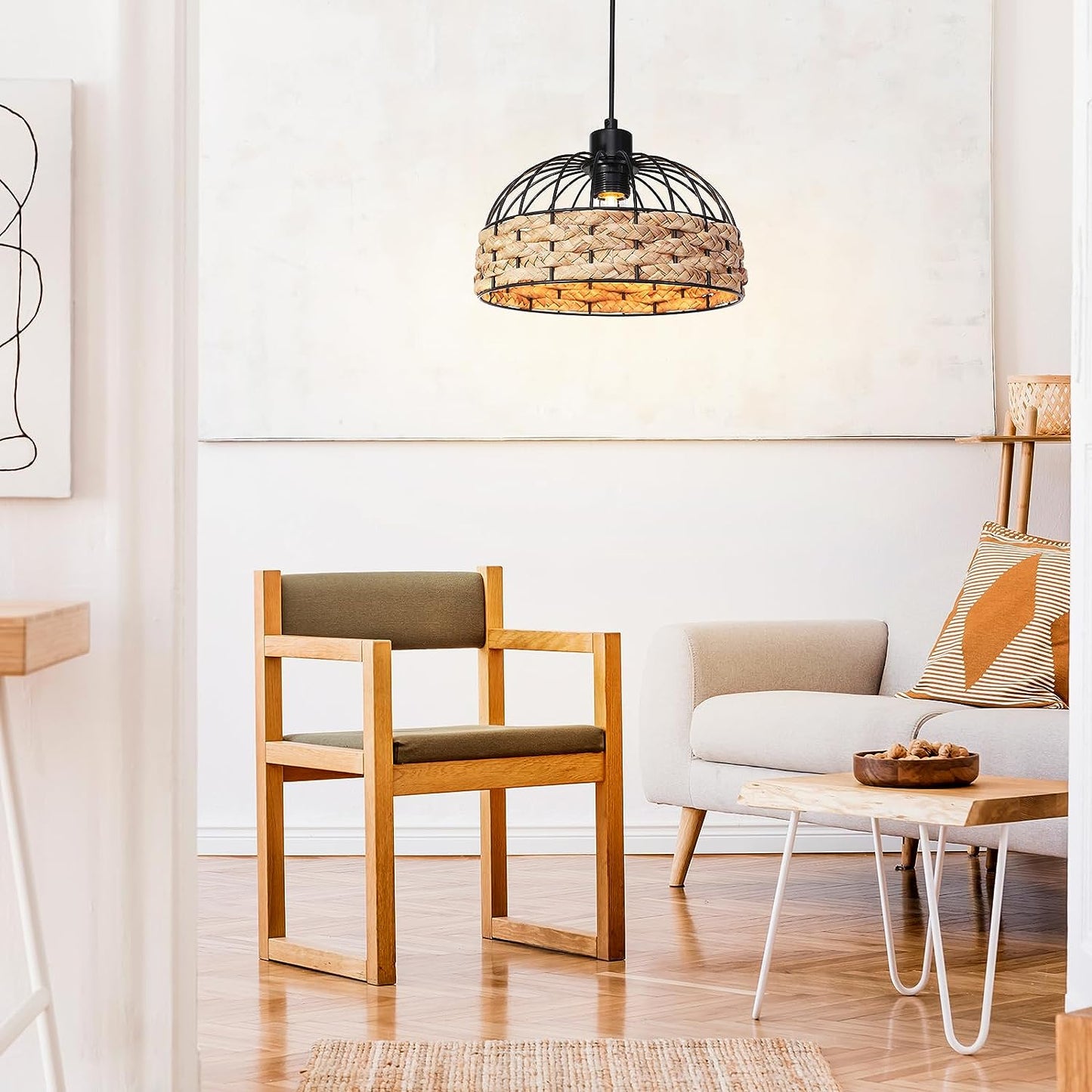 GIGGI Small Metal & Jute Rope Ceiling Light Shade, Retro Black, Rattan