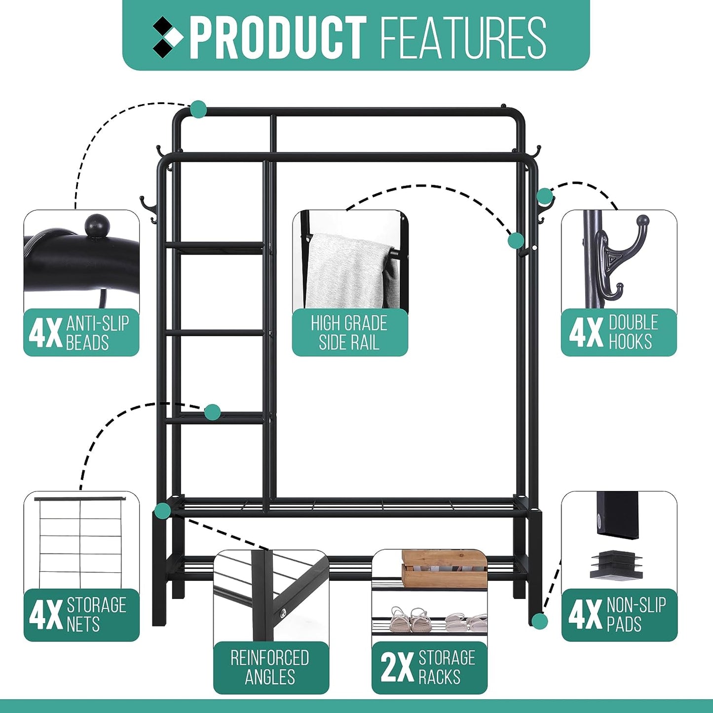 KLASS Heavy Duty Black Metal Double Hanging Clothes Rail, Freestanding, Sturdy 120KG