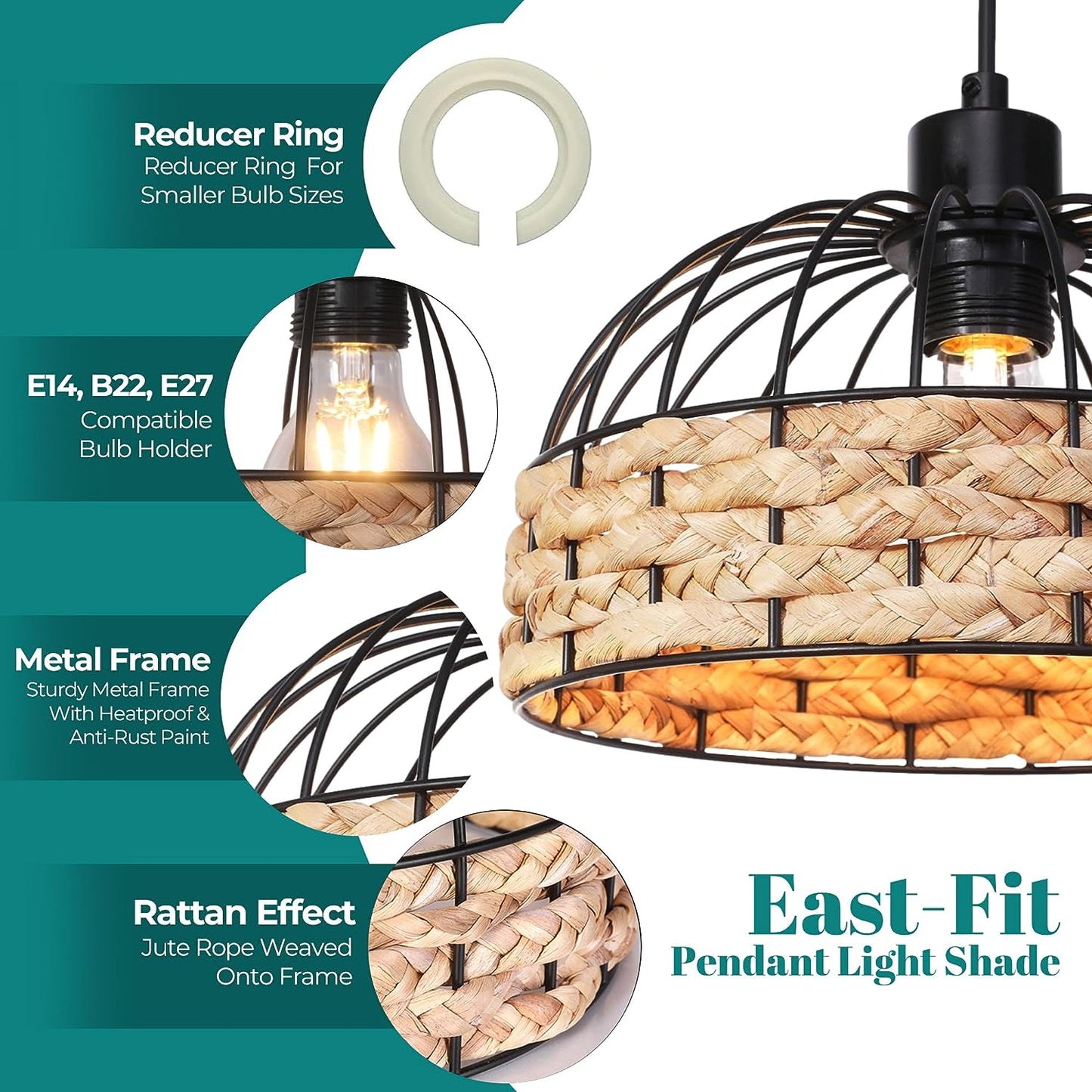 GIGGI Small Metal & Jute Rope Ceiling Light Shade, Retro Black, Rattan