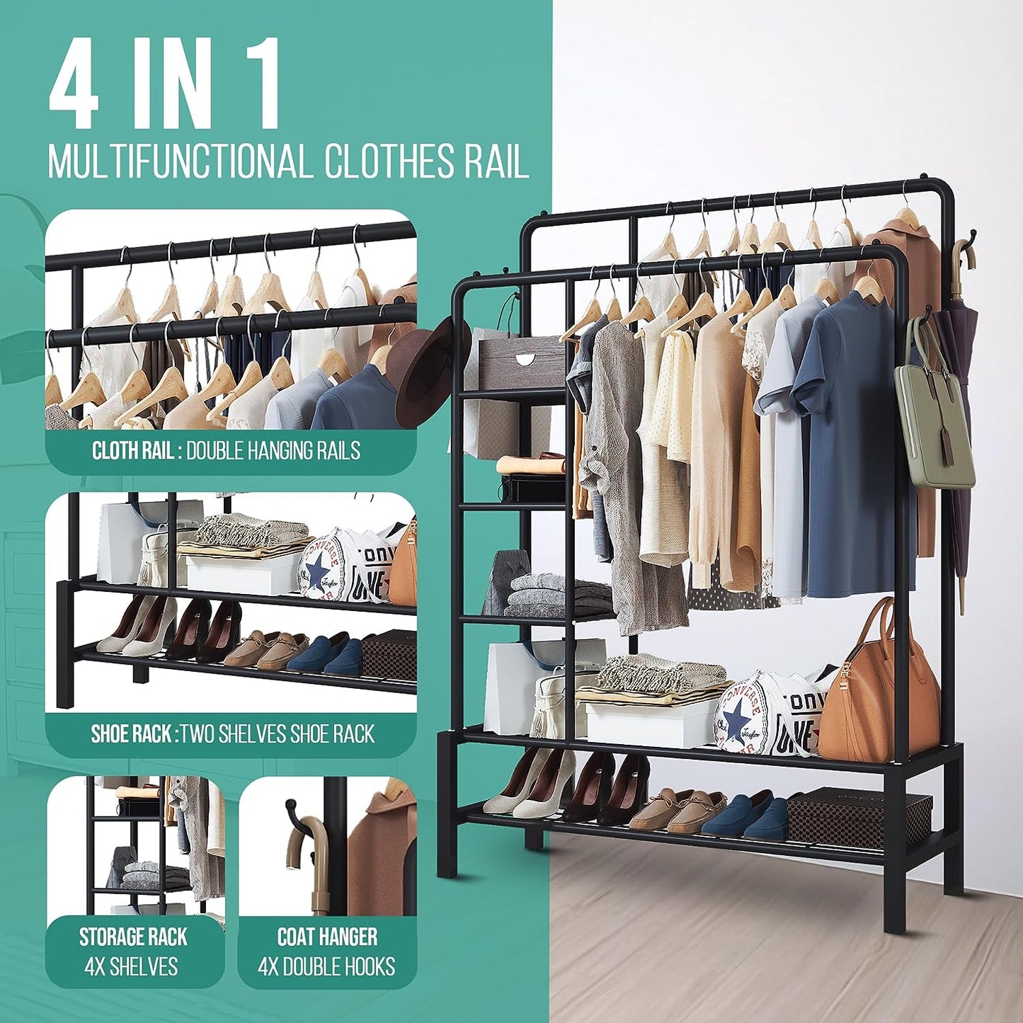 KLASS Heavy Duty Black Metal Double Hanging Clothes Rail, Freestanding, Sturdy 120KG