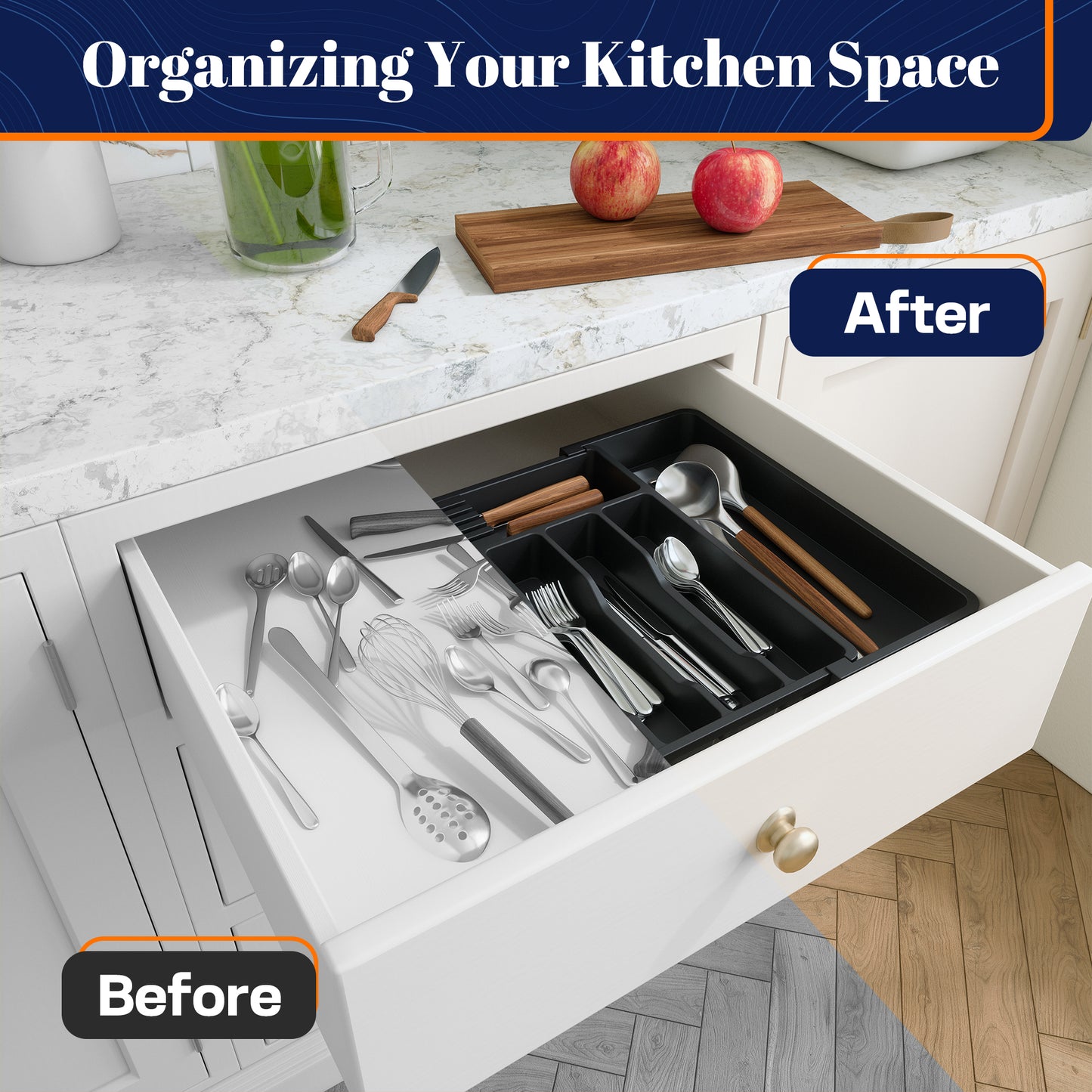 Giggi Large Expandable Cutlery Drawer Organiser, Multipurpose Cutlery Tray With Removable Knife Holder