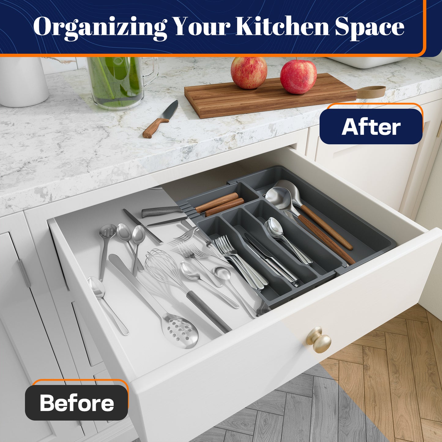 Giggi Large Expandable Cutlery Drawer Organiser, Multipurpose Cutlery Tray With Removable Knife Holder