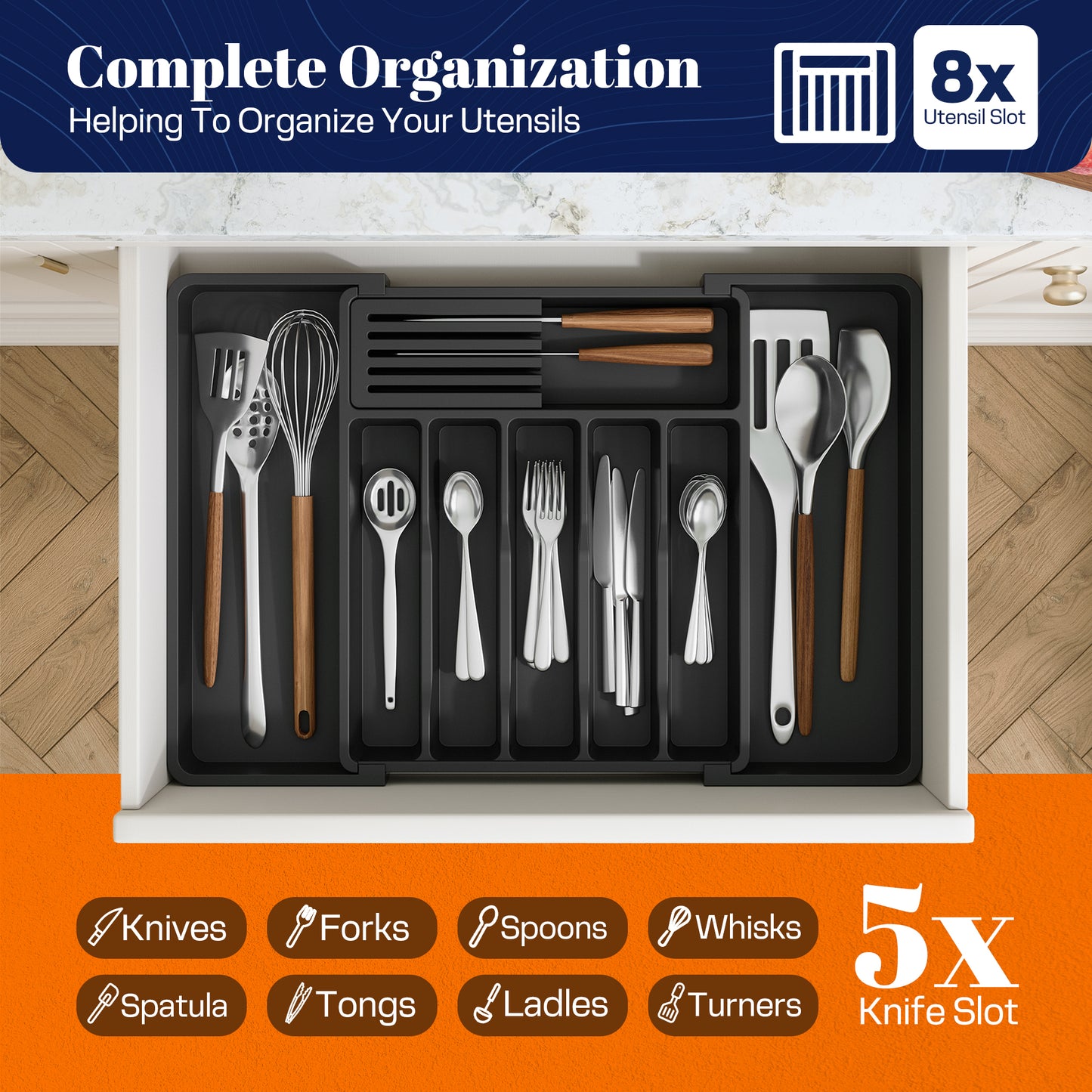 Giggi Large Expandable Cutlery Drawer Organiser, Multipurpose Cutlery Tray With Removable Knife Holder