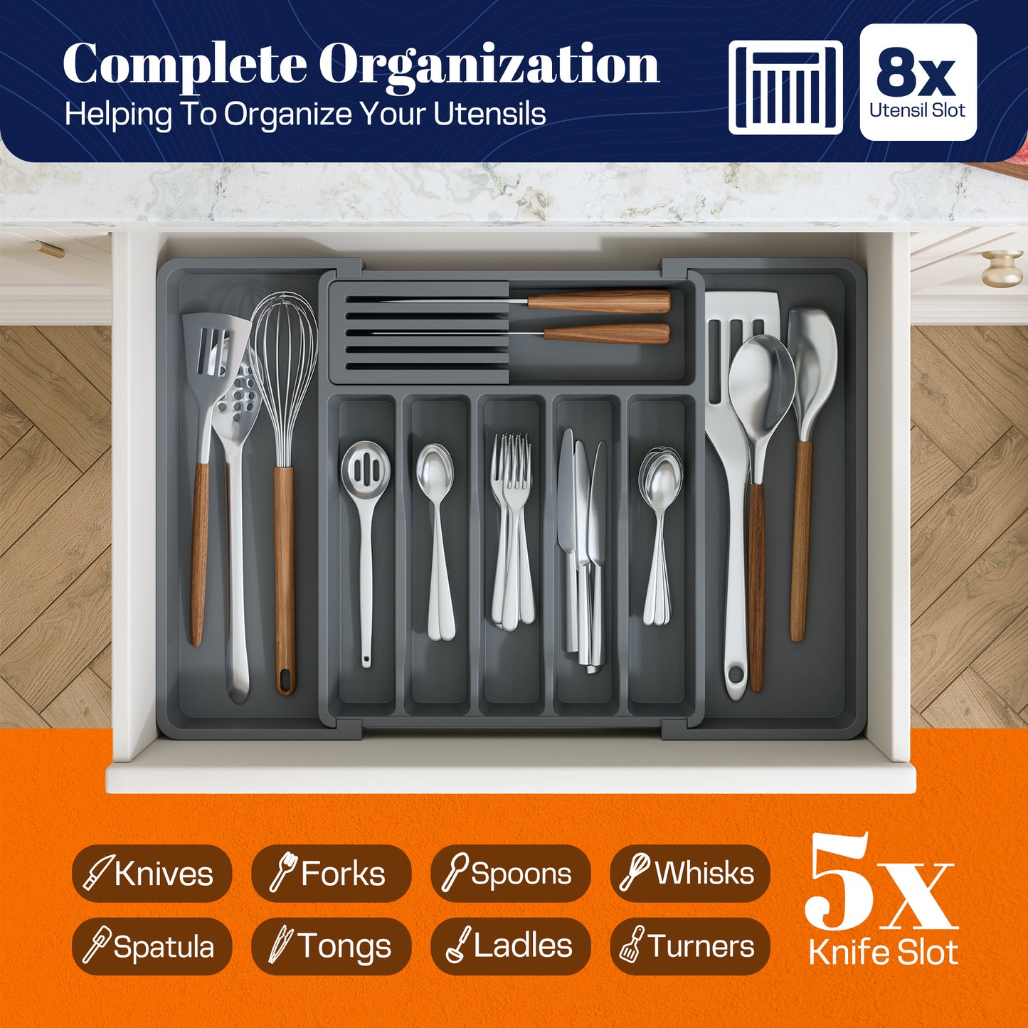 Giggi Large Expandable Cutlery Drawer Organiser, Multipurpose Cutlery Tray With Removable Knife Holder