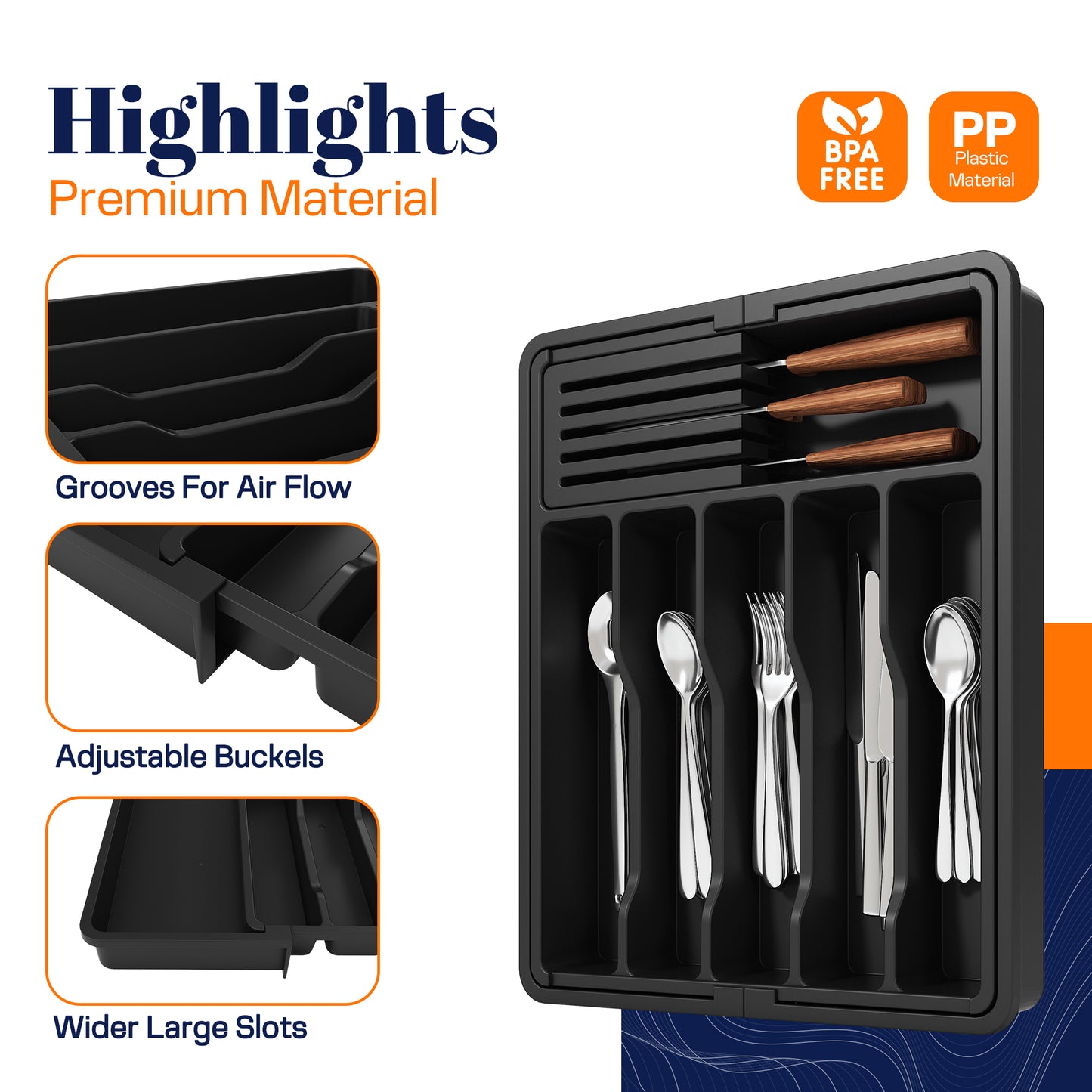 Giggi Large Expandable Cutlery Drawer Organiser, Multipurpose Cutlery Tray With Removable Knife Holder