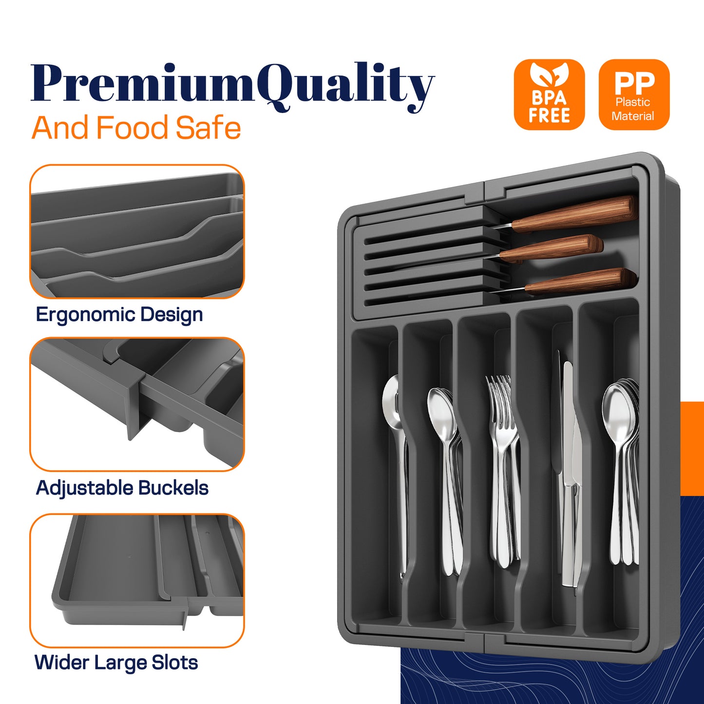 Giggi Large Expandable Cutlery Drawer Organiser, Multipurpose Cutlery Tray With Removable Knife Holder